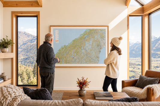 A Giant West Coast and Southern Alps Wall Map on a the wall of a modern sitting room.