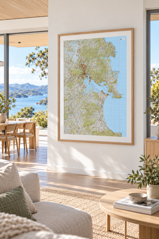A large framed topographic map print of Whangārei hangs on a white wall in a modern, sunlit living room.