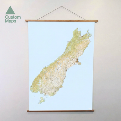 Wooden map frame with a topographic map of New Zealand.