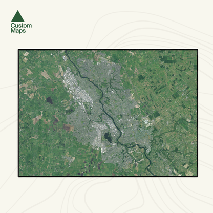 Aerial image of Hamilton, NZ, with surrounding green areas, branded 'Custom Maps'.
