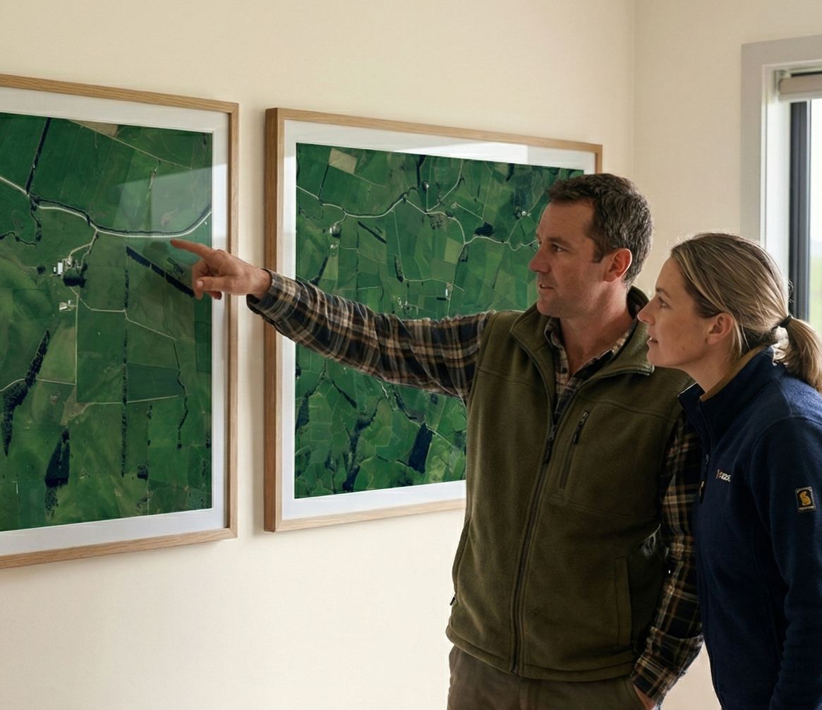Two people discussing a farm aerial map displayed on a wall.