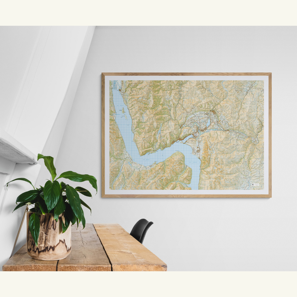 Framed topographic map of Queenstown and Arrowtown on a wall above a wooden table with a plant.