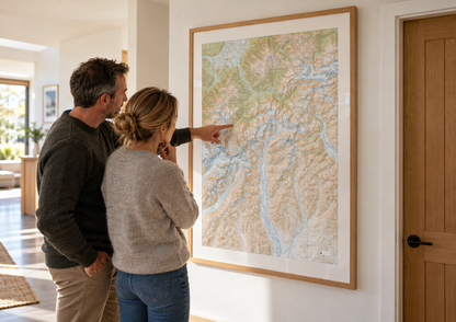 Couple exploring a framed Godley Valley and Southern Alps topo wall map in a sunlit hallway
