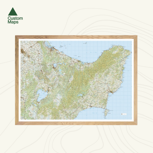 Map of New Zealand's East Cape with a wooden frame on a light background