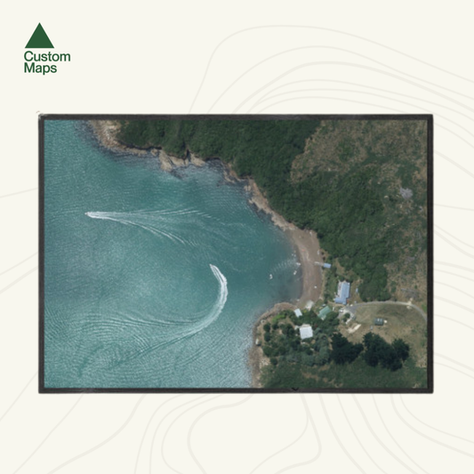 Aerial map of a coastal area with water 