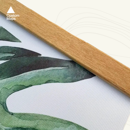 Close-up of a wooden map frame.