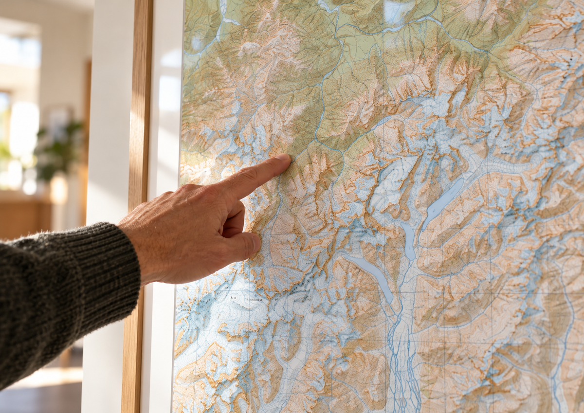 Close-up of a hand pointing to glaciers and ridgelines on the Godley Valley topographic wall map