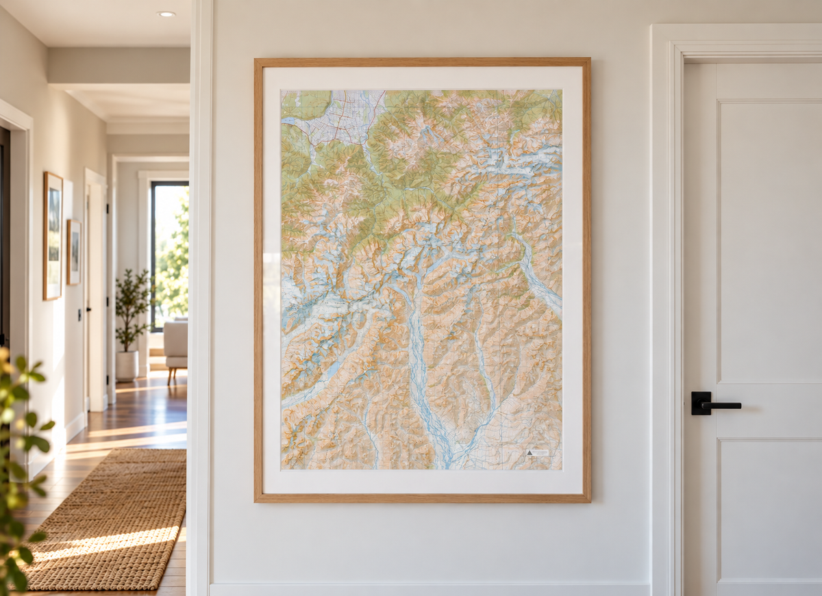 Large framed topo map of the Godley Valley and Main Divide 