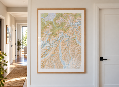 Large framed topo map of the Godley Valley and Main Divide 