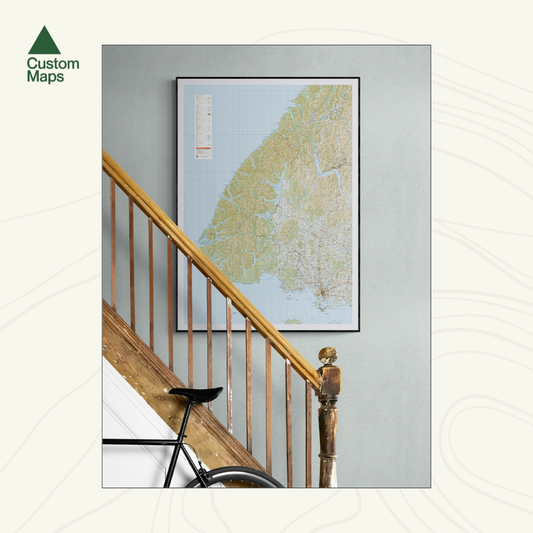 Fiordland map framed on a wall above a staircase with a bicycle below