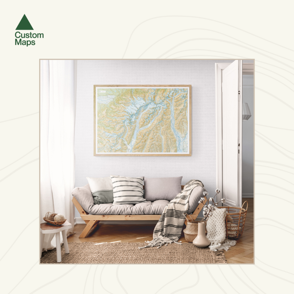 A framed map of Mount Cook National Park on the wall.