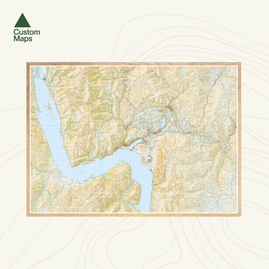 Map of Arrowtown and Queenstown in a wooden frame.