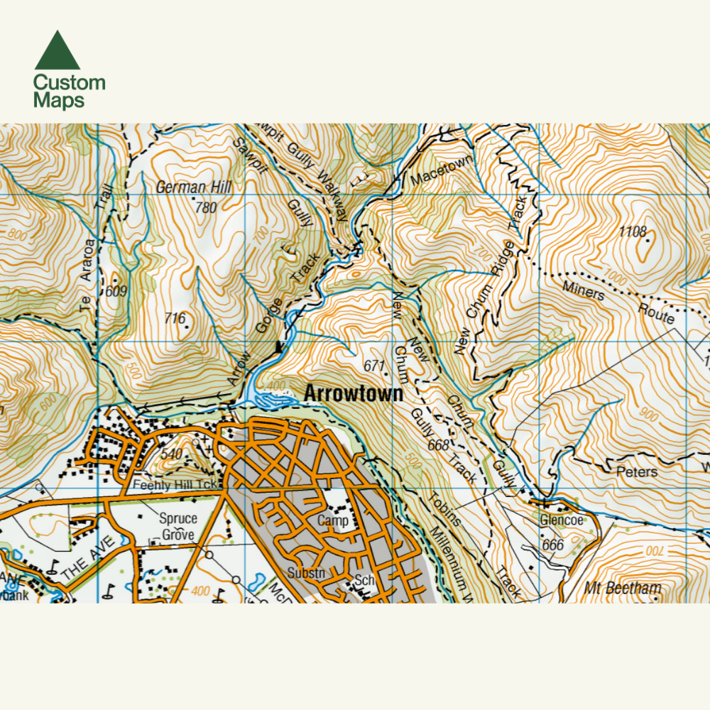 Topographic map of Arrowtown with grid lines and labeled elevations.