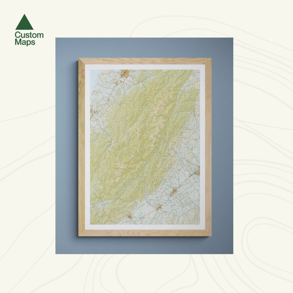 Framed map print of the Tararua range